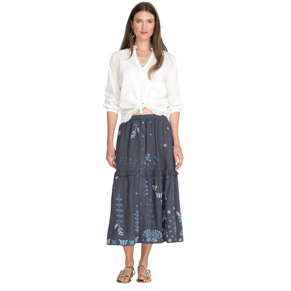 JOHNNY WAS Nico Ruffle Tiered Midi Skirt Womens XS Blue Linen Embroidered Boho - Picture 2 of 13